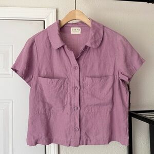 OFFON lavender purple linen boxy cropped short sleeve button up shirt